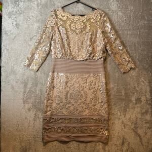 Tadashi Shoji Sequin Lace Blouson Pintuck Illusion Sand Gold‎ Ivory Dress Sz 14